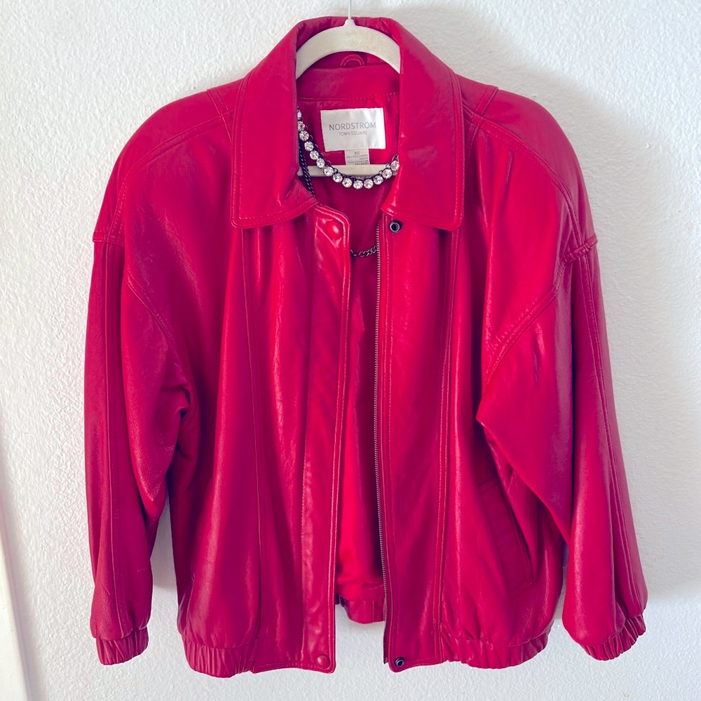 NORDSTROM Red Real Leather Jacket Moto Jacket Bomber Jacket